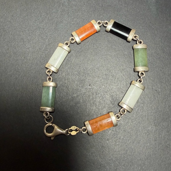 Vintage 925 Sterling Silver Multi-Colored Jade Link Bracelet - Picture 5 of 10